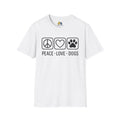 Peace Love Dogs Unisex Softstyle T-Shirt, Pet Lover Gift, Dog Parent Clothing, Casual Wear, Animal Lover Shirt, Funny Dog Apparel